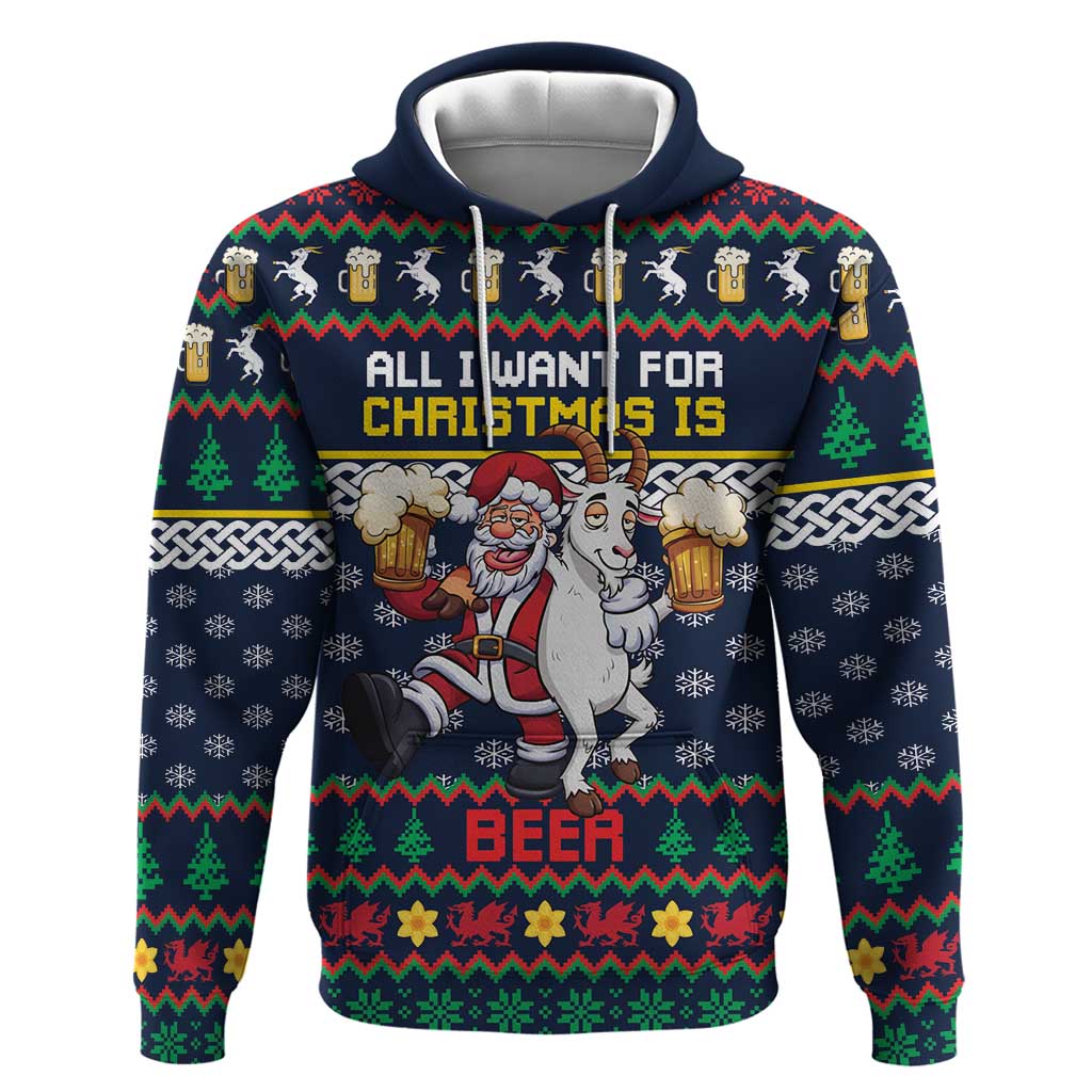 Personalized Merionethshire Wales Christmas Zip Hoodie Beer and Goat Santa Design - Wonder Print Shop