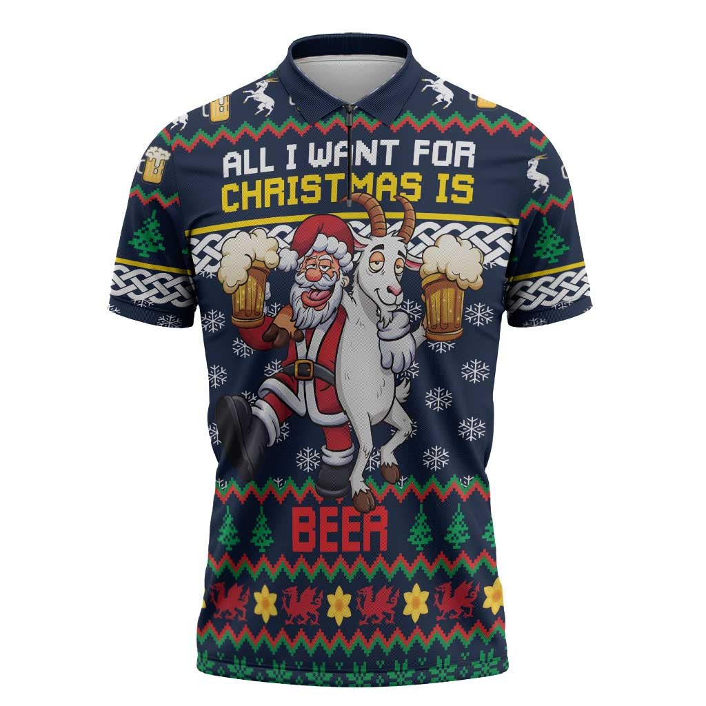 Personalized Merionethshire Wales Christmas Zipper Polo Shirt Beer and Goat Santa Design - Wonder Print Shop