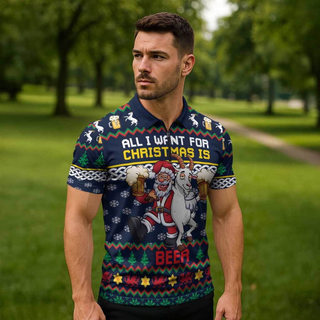 Personalized Merionethshire Wales Christmas Zipper Polo Shirt Beer and Goat Santa Design - Wonder Print Shop