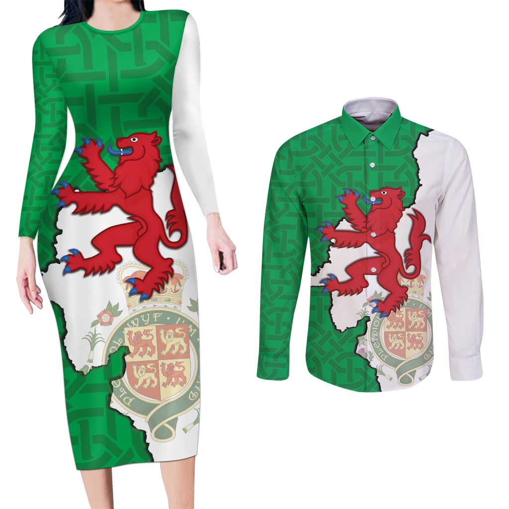 Montgomeryshire Wales Couples Matching Long Sleeve Bodycon Dress and Long Sleeve Button Shirt Map and Emblem Celtic Style - Wonder Print Shop