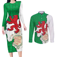 Montgomeryshire Wales Couples Matching Long Sleeve Bodycon Dress and Long Sleeve Button Shirt Map and Emblem Celtic Style - Wonder Print Shop