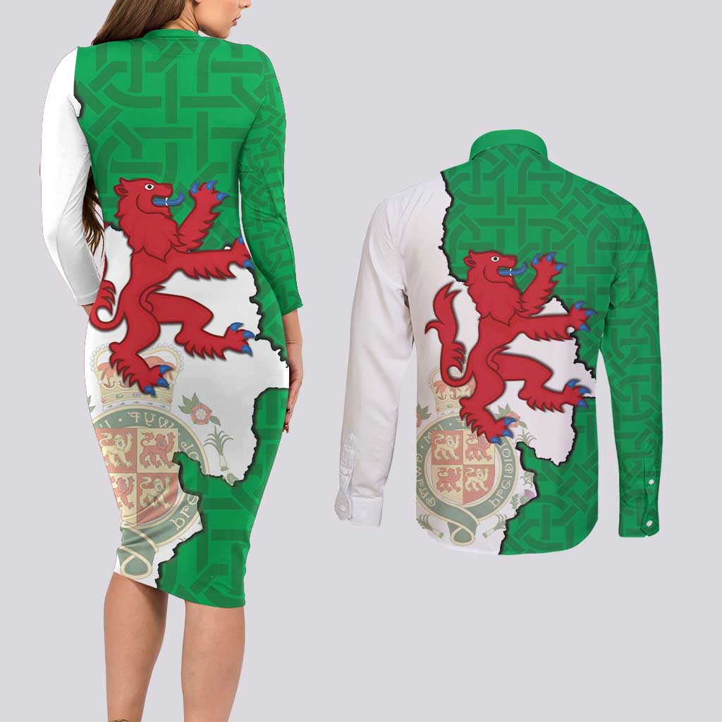 Montgomeryshire Wales Couples Matching Long Sleeve Bodycon Dress and Long Sleeve Button Shirt Map and Emblem Celtic Style - Wonder Print Shop