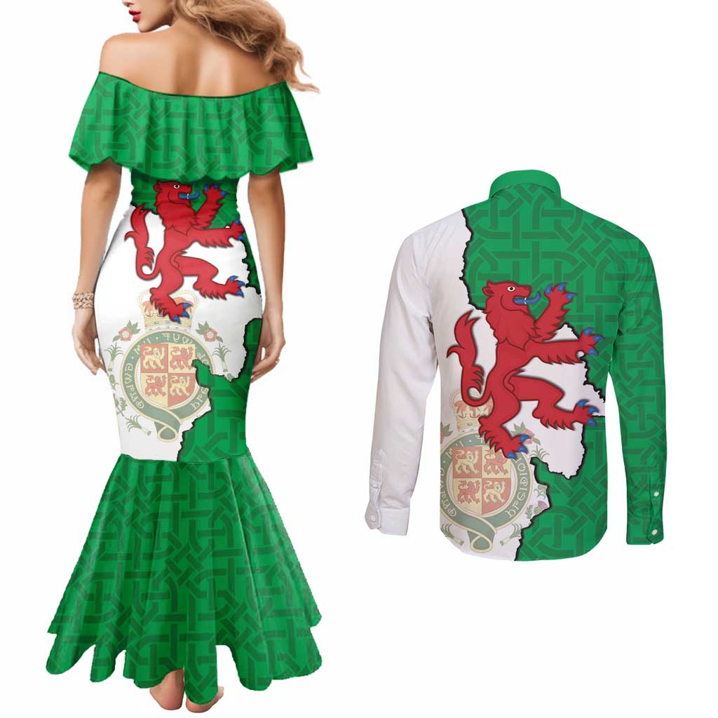 Montgomeryshire Wales Couples Matching Mermaid Dress and Long Sleeve Button Shirt Map and Emblem Celtic Style - Wonder Print Shop