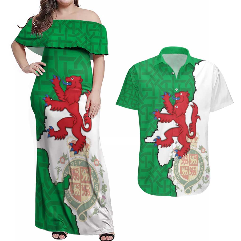 Montgomeryshire Wales Couples Matching Off Shoulder Maxi Dress and Hawaiian Shirt Map and Emblem Celtic Style - Wonder Print Shop