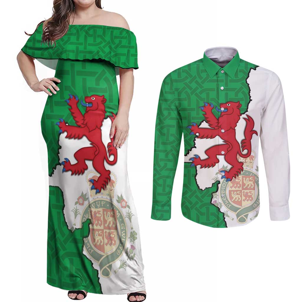 Montgomeryshire Wales Couples Matching Off Shoulder Maxi Dress and Long Sleeve Button Shirt Map and Emblem Celtic Style - Wonder Print Shop