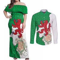 Montgomeryshire Wales Couples Matching Off Shoulder Maxi Dress and Long Sleeve Button Shirt Map and Emblem Celtic Style - Wonder Print Shop
