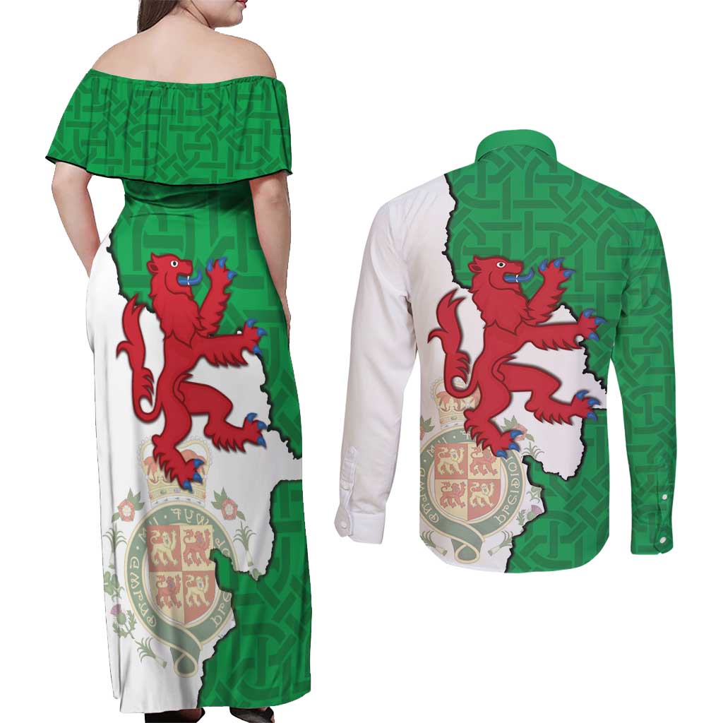 Montgomeryshire Wales Couples Matching Off Shoulder Maxi Dress and Long Sleeve Button Shirt Map and Emblem Celtic Style - Wonder Print Shop