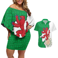 Montgomeryshire Wales Couples Matching Off Shoulder Short Dress and Hawaiian Shirt Map and Emblem Celtic Style - Wonder Print Shop