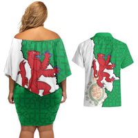 Montgomeryshire Wales Couples Matching Off Shoulder Short Dress and Hawaiian Shirt Map and Emblem Celtic Style - Wonder Print Shop