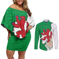 Montgomeryshire Wales Couples Matching Off Shoulder Short Dress and Long Sleeve Button Shirt Map and Emblem Celtic Style - Wonder Print Shop