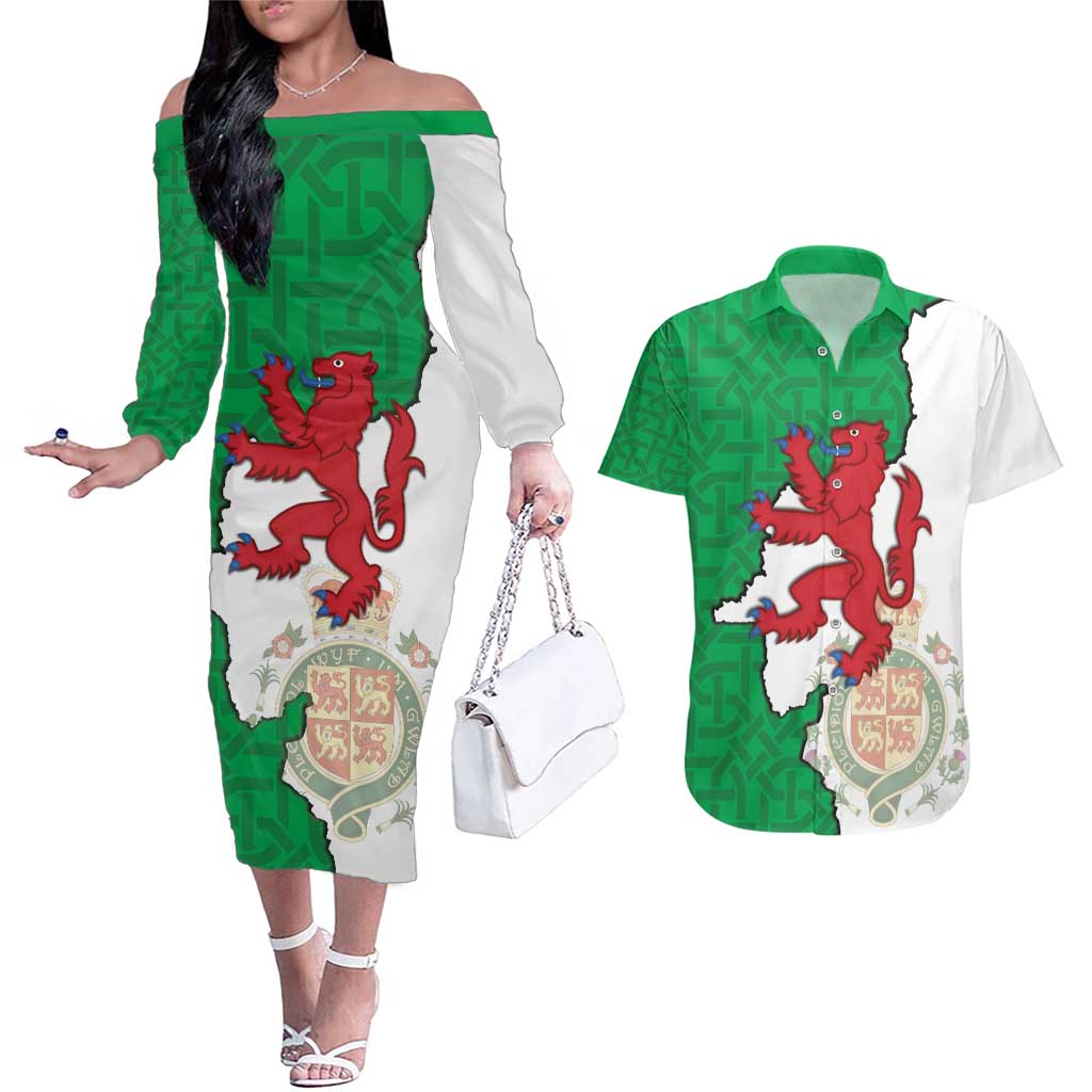 Montgomeryshire Wales Couples Matching Off The Shoulder Long Sleeve Dress and Hawaiian Shirt Map and Emblem Celtic Style - Wonder Print Shop