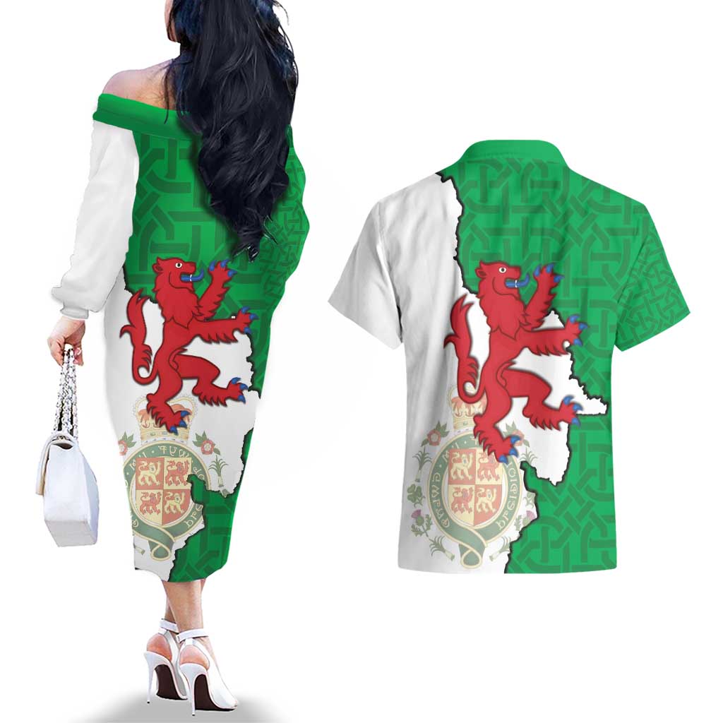 Montgomeryshire Wales Couples Matching Off The Shoulder Long Sleeve Dress and Hawaiian Shirt Map and Emblem Celtic Style - Wonder Print Shop
