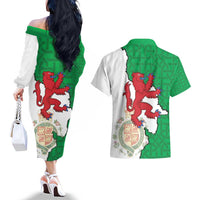 Montgomeryshire Wales Couples Matching Off The Shoulder Long Sleeve Dress and Hawaiian Shirt Map and Emblem Celtic Style - Wonder Print Shop
