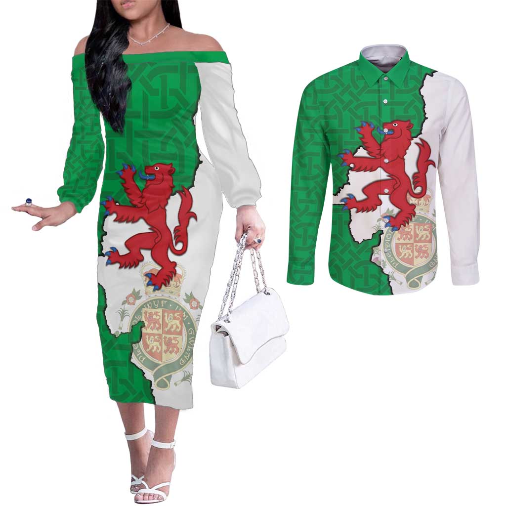 Montgomeryshire Wales Couples Matching Off The Shoulder Long Sleeve Dress and Long Sleeve Button Shirt Map and Emblem Celtic Style - Wonder Print Shop