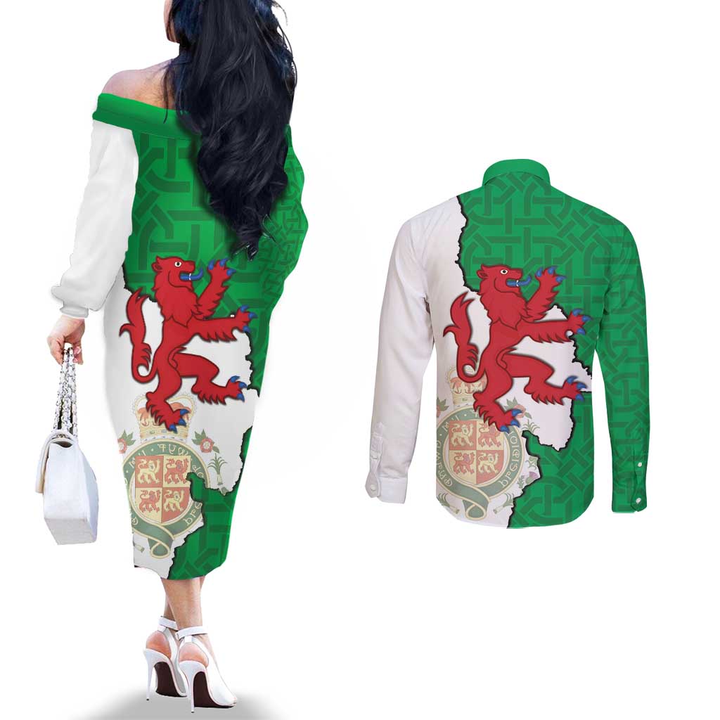 Montgomeryshire Wales Couples Matching Off The Shoulder Long Sleeve Dress and Long Sleeve Button Shirt Map and Emblem Celtic Style - Wonder Print Shop