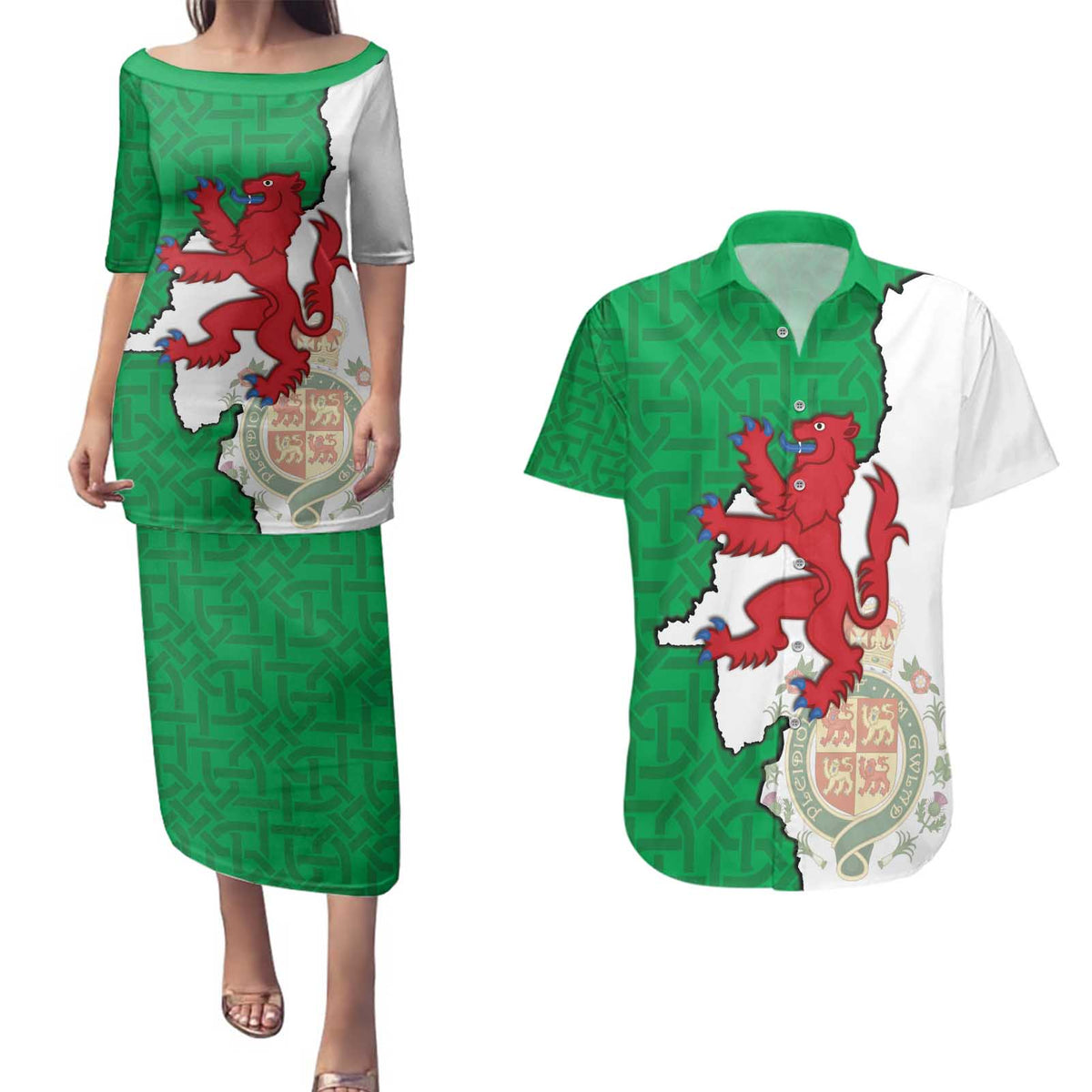Montgomeryshire Wales Couples Matching Puletasi and Hawaiian Shirt Map and Emblem Celtic Style - Wonder Print Shop