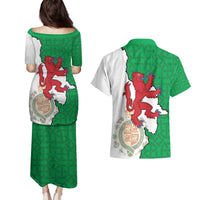 Montgomeryshire Wales Couples Matching Puletasi and Hawaiian Shirt Map and Emblem Celtic Style - Wonder Print Shop