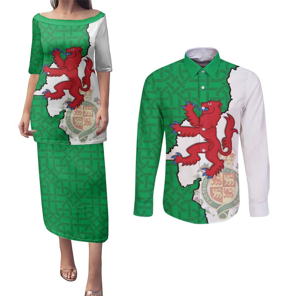 Montgomeryshire Wales Couples Matching Puletasi and Long Sleeve Button Shirt Map and Emblem Celtic Style - Wonder Print Shop