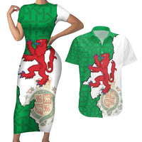 Montgomeryshire Wales Couples Matching Short Sleeve Bodycon Dress and Hawaiian Shirt Map and Emblem Celtic Style - Wonder Print Shop