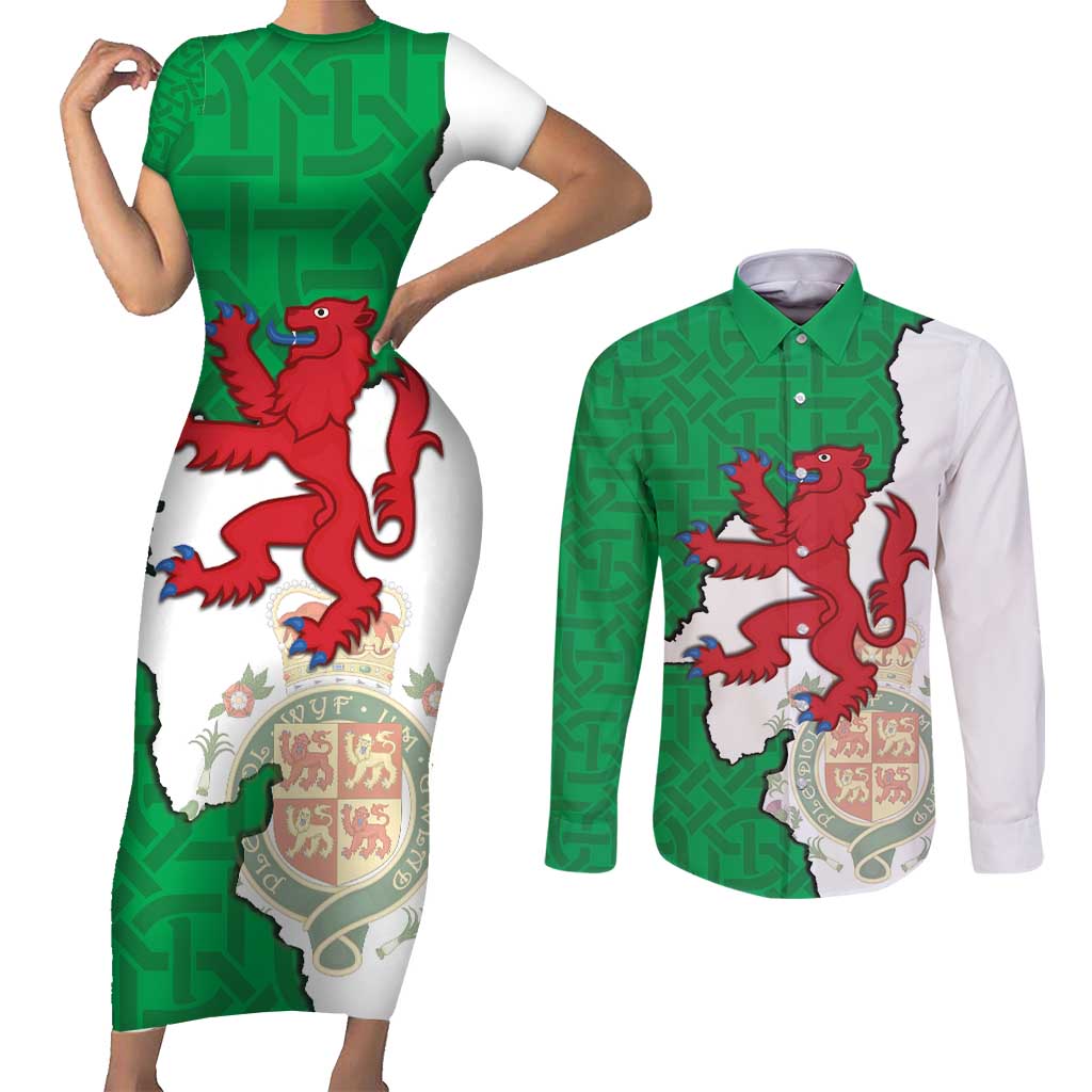 Montgomeryshire Wales Couples Matching Short Sleeve Bodycon Dress and Long Sleeve Button Shirt Map and Emblem Celtic Style - Wonder Print Shop