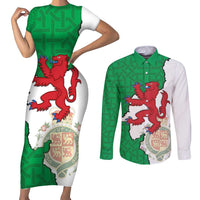 Montgomeryshire Wales Couples Matching Short Sleeve Bodycon Dress and Long Sleeve Button Shirt Map and Emblem Celtic Style - Wonder Print Shop