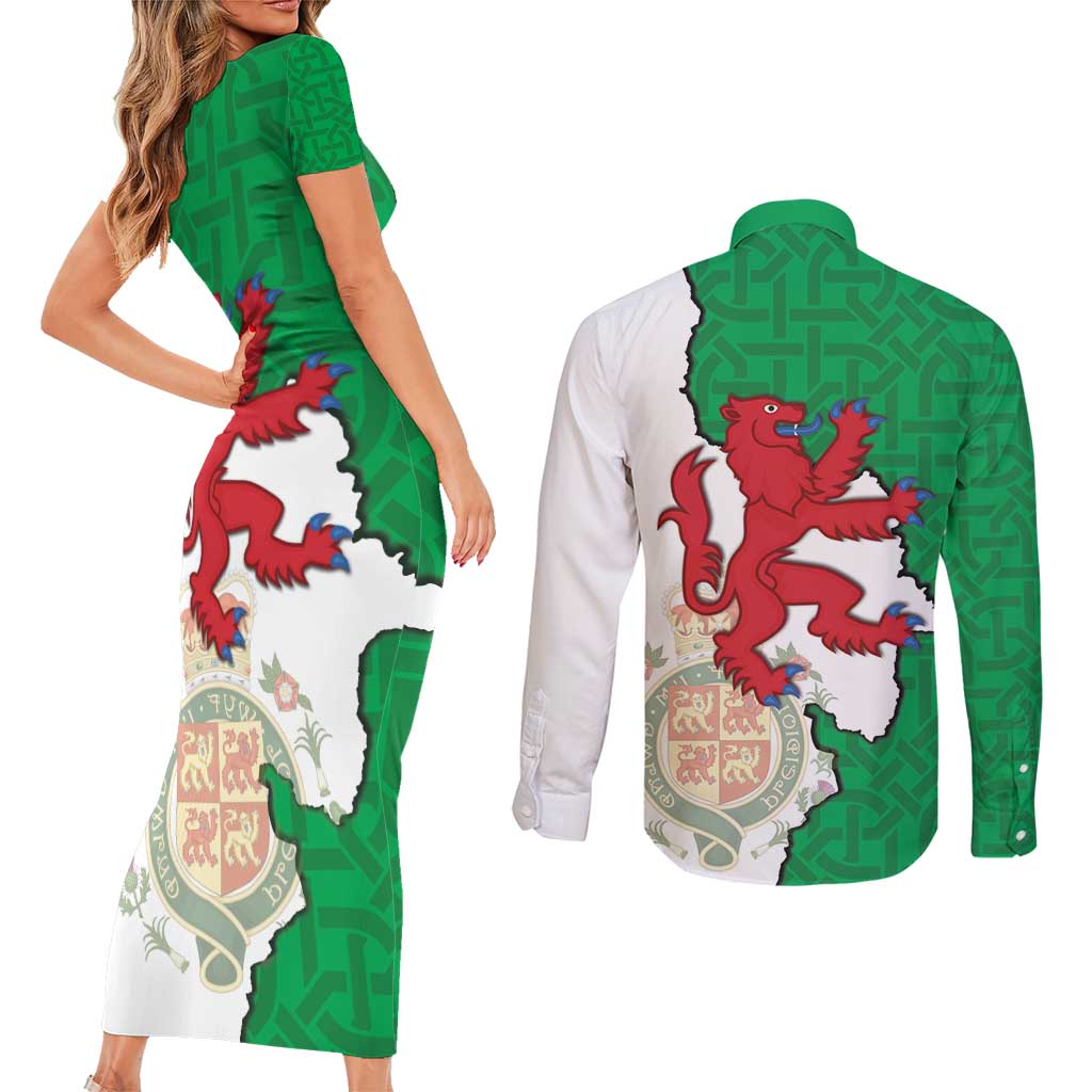 Montgomeryshire Wales Couples Matching Short Sleeve Bodycon Dress and Long Sleeve Button Shirt Map and Emblem Celtic Style - Wonder Print Shop