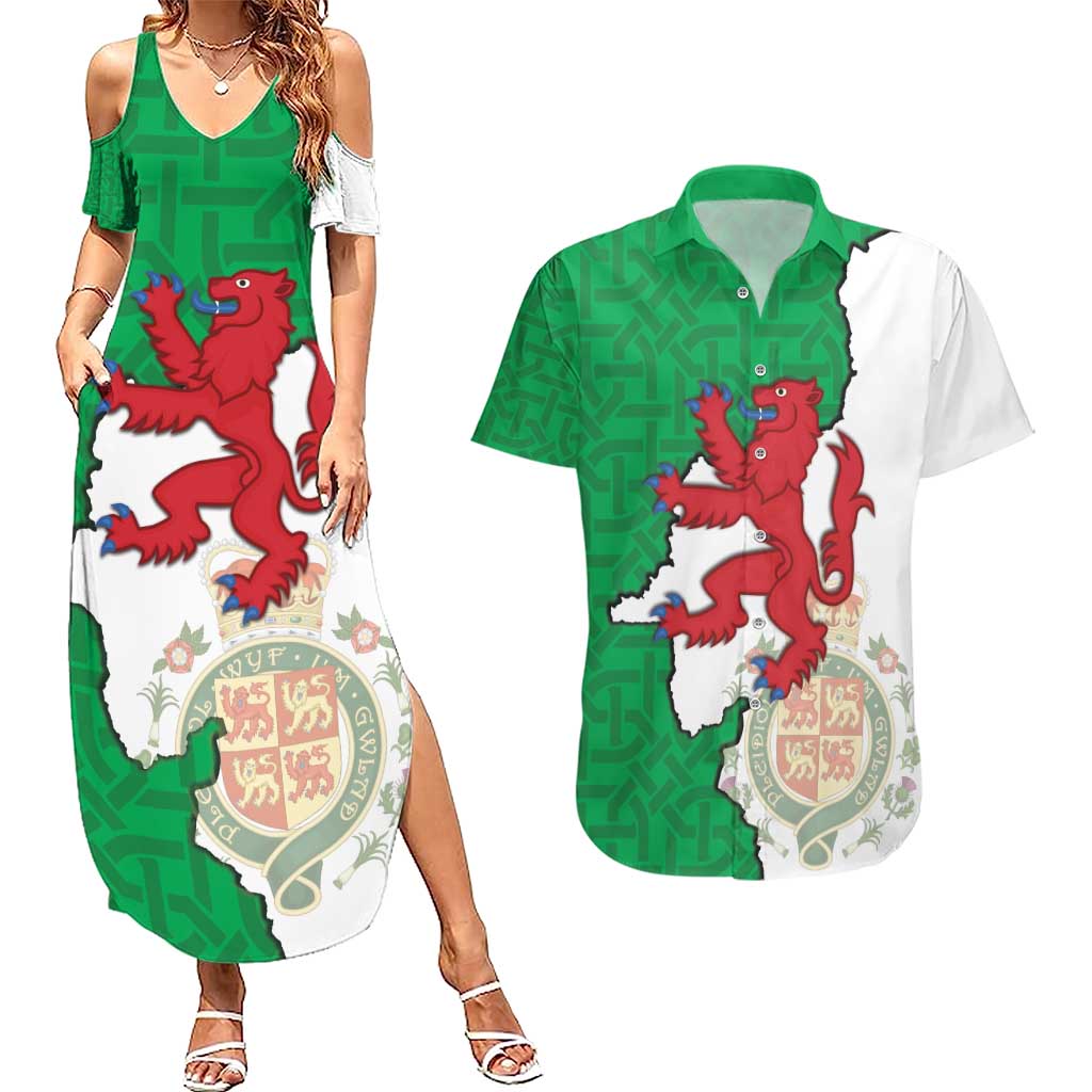 Montgomeryshire Wales Couples Matching Summer Maxi Dress and Hawaiian Shirt Map and Emblem Celtic Style - Wonder Print Shop