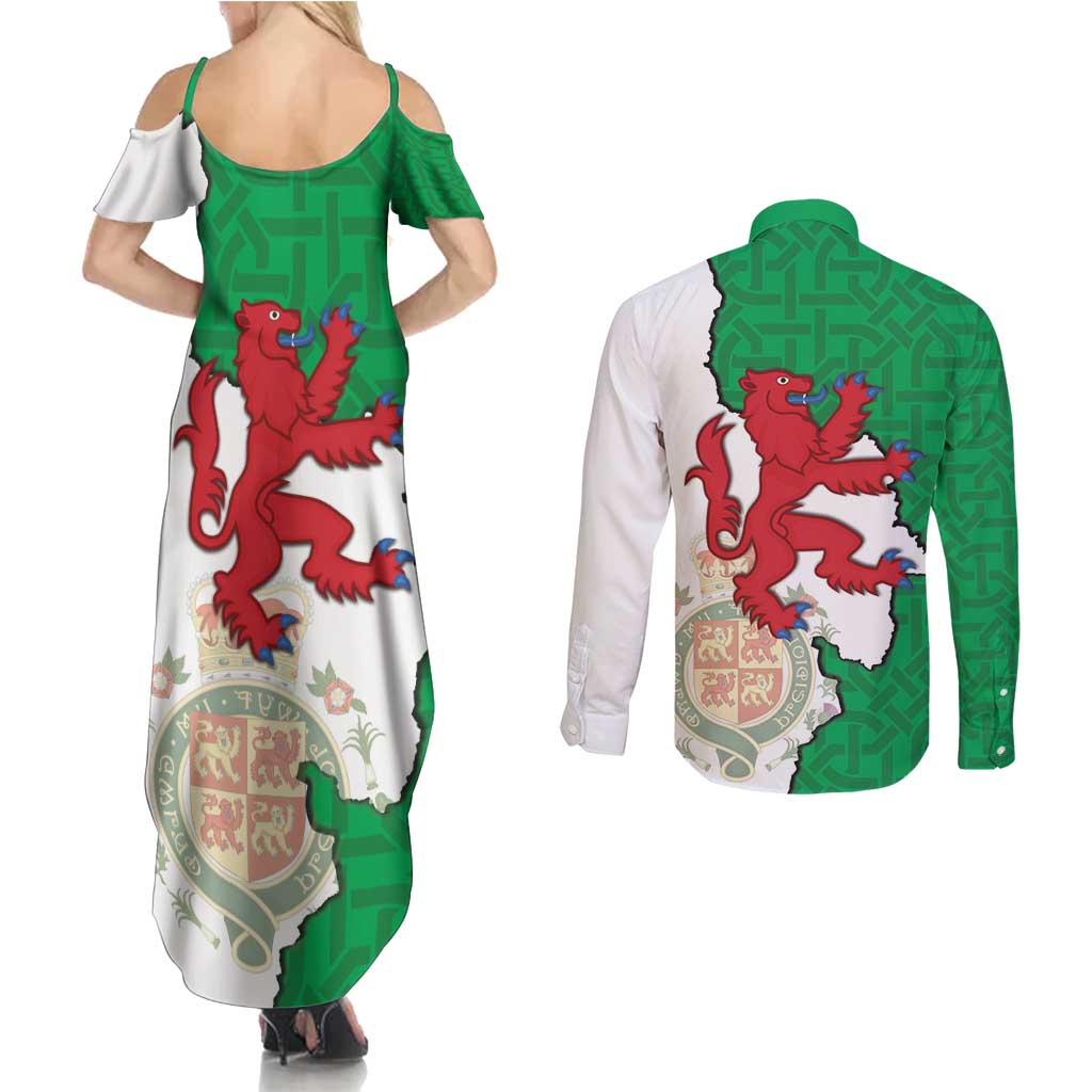 Montgomeryshire Wales Couples Matching Summer Maxi Dress and Long Sleeve Button Shirt Map and Emblem Celtic Style - Wonder Print Shop
