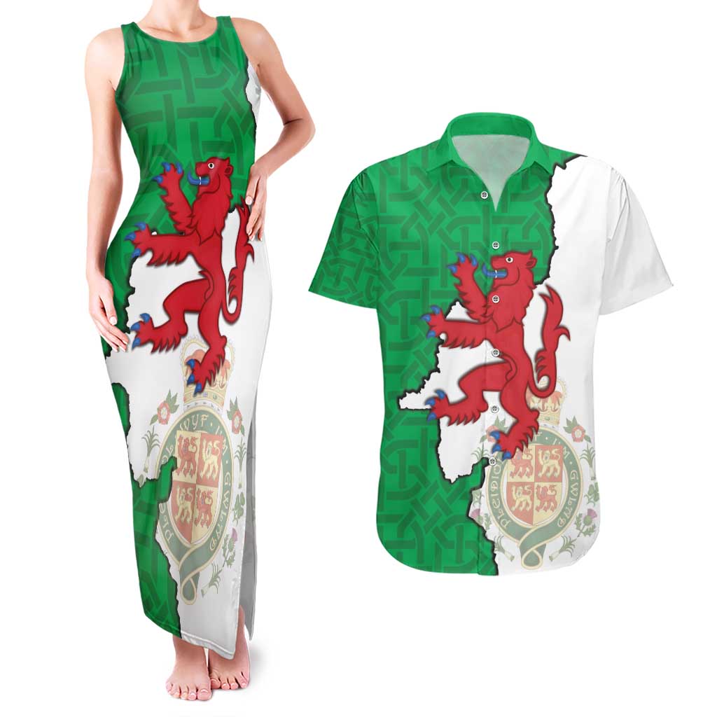Montgomeryshire Wales Couples Matching Tank Maxi Dress and Hawaiian Shirt Map and Emblem Celtic Style - Wonder Print Shop