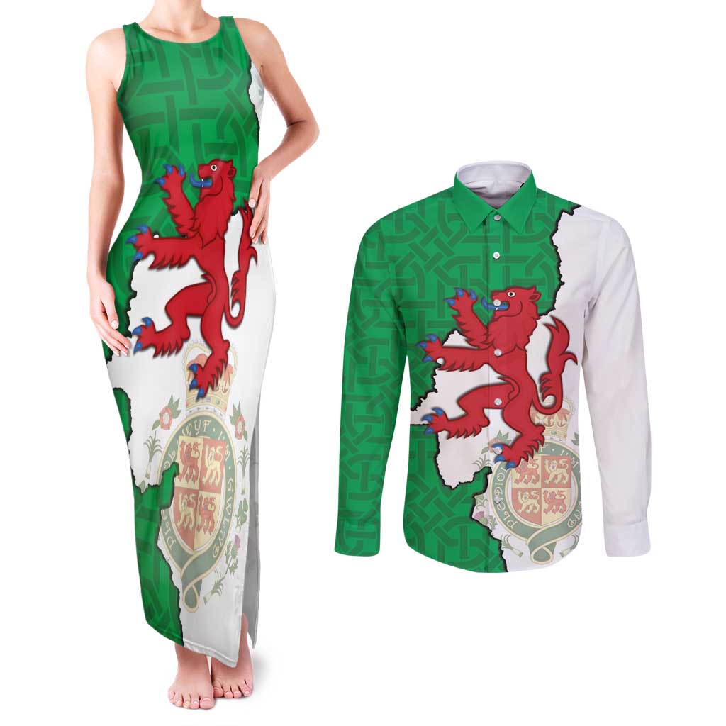 Montgomeryshire Wales Couples Matching Tank Maxi Dress and Long Sleeve Button Shirt Map and Emblem Celtic Style - Wonder Print Shop