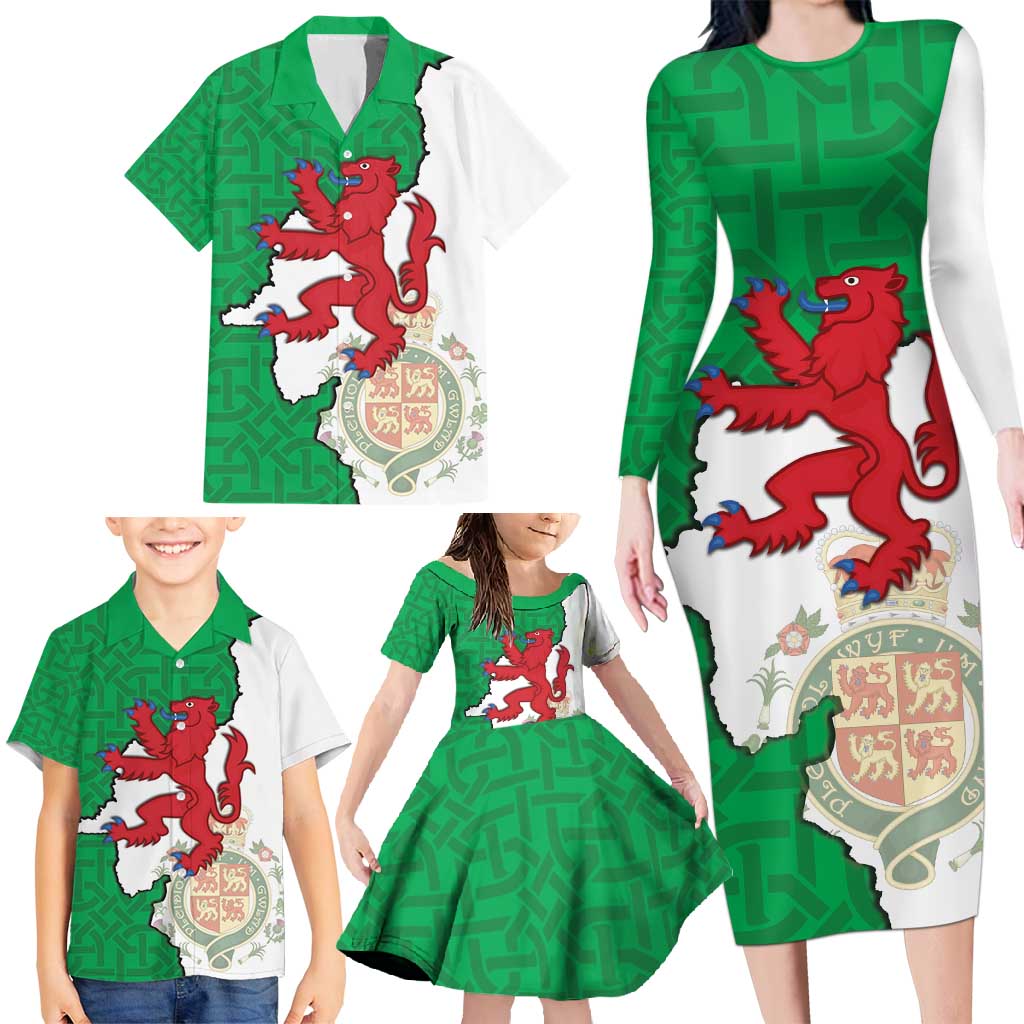 Montgomeryshire Wales Family Matching Long Sleeve Bodycon Dress and Hawaiian Shirt Map and Emblem Celtic Style - Wonder Print Shop