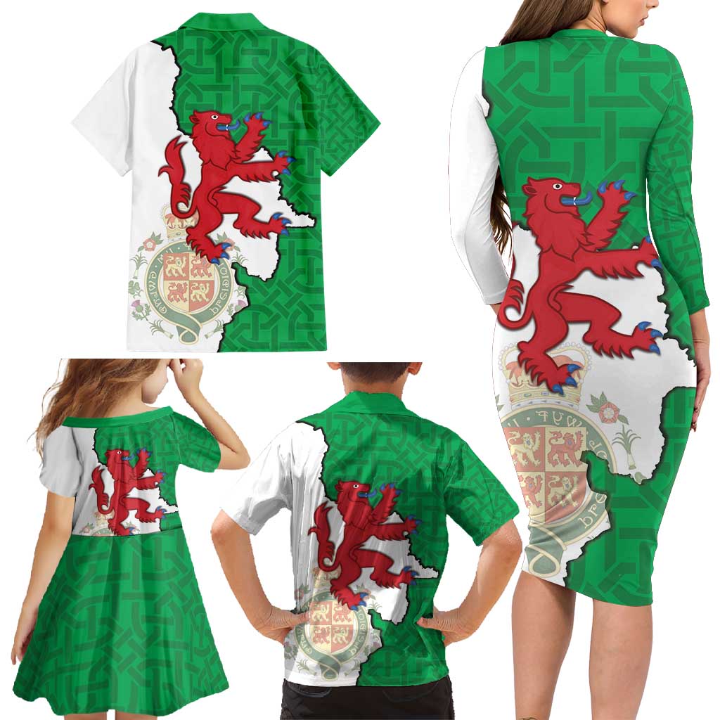 Montgomeryshire Wales Family Matching Long Sleeve Bodycon Dress and Hawaiian Shirt Map and Emblem Celtic Style - Wonder Print Shop