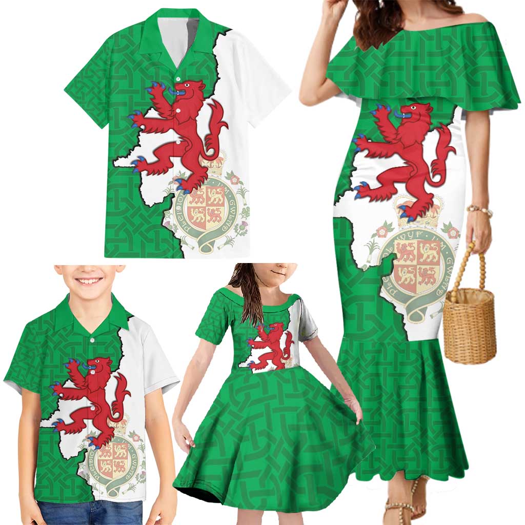 Montgomeryshire Wales Family Matching Mermaid Dress and Hawaiian Shirt Map and Emblem Celtic Style - Wonder Print Shop