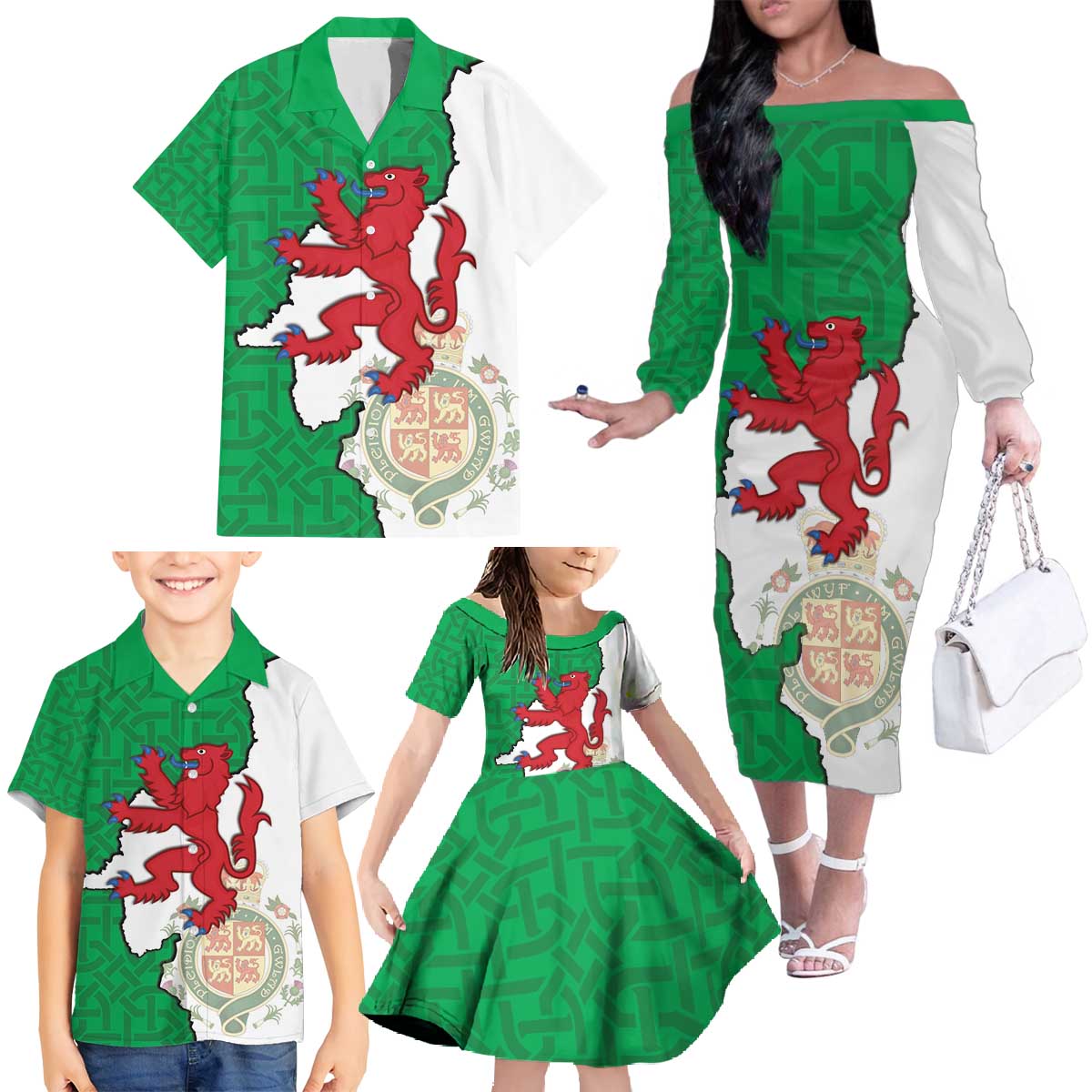Montgomeryshire Wales Family Matching Off The Shoulder Long Sleeve Dress and Hawaiian Shirt Map and Emblem Celtic Style - Wonder Print Shop