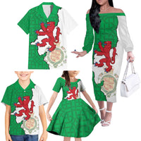 Montgomeryshire Wales Family Matching Off The Shoulder Long Sleeve Dress and Hawaiian Shirt Map and Emblem Celtic Style - Wonder Print Shop