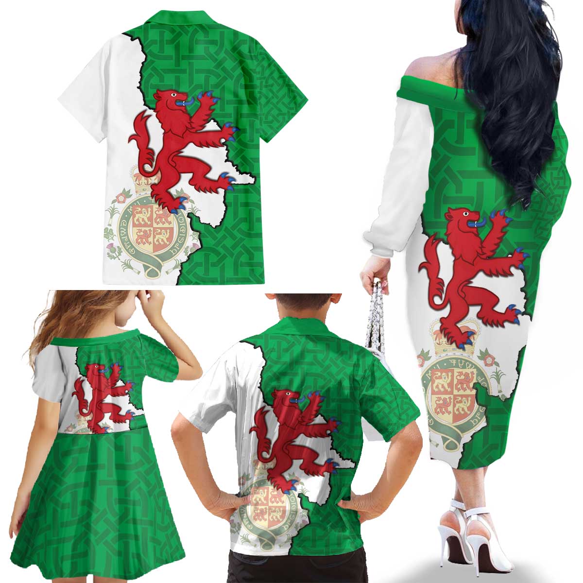 Montgomeryshire Wales Family Matching Off The Shoulder Long Sleeve Dress and Hawaiian Shirt Map and Emblem Celtic Style - Wonder Print Shop