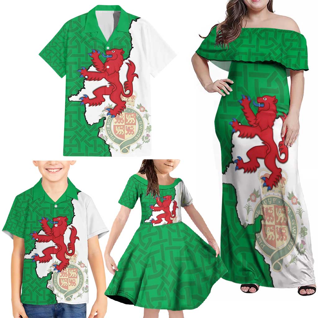 Montgomeryshire Wales Family Matching Off Shoulder Maxi Dress and Hawaiian Shirt Map and Emblem Celtic Style - Wonder Print Shop