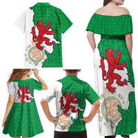 Montgomeryshire Wales Family Matching Off Shoulder Maxi Dress and Hawaiian Shirt Map and Emblem Celtic Style - Wonder Print Shop