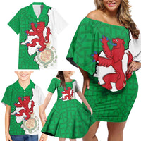 Montgomeryshire Wales Family Matching Off Shoulder Short Dress and Hawaiian Shirt Map and Emblem Celtic Style - Wonder Print Shop