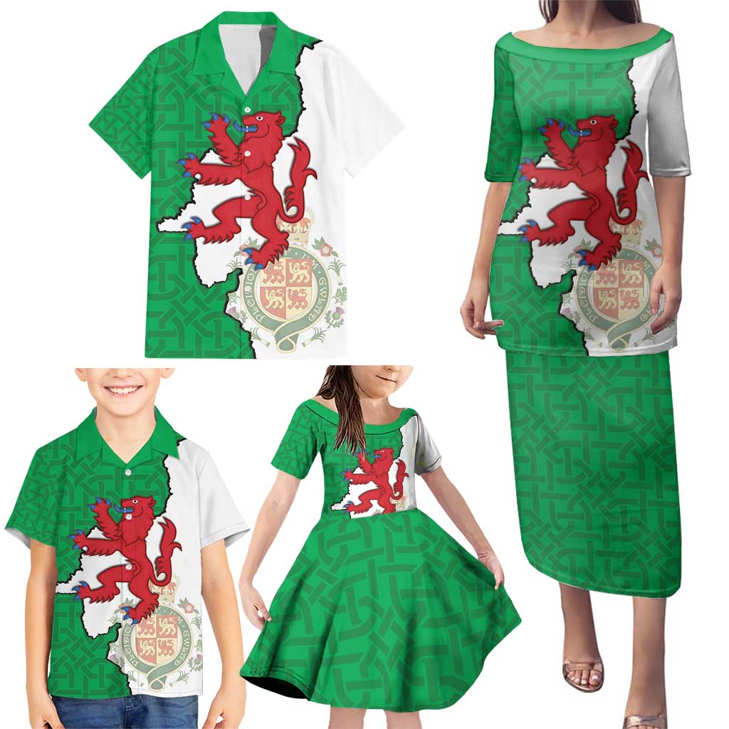 Montgomeryshire Wales Family Matching Puletasi and Hawaiian Shirt Map and Emblem Celtic Style - Wonder Print Shop