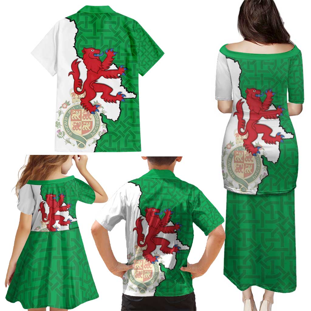 Montgomeryshire Wales Family Matching Puletasi and Hawaiian Shirt Map and Emblem Celtic Style - Wonder Print Shop