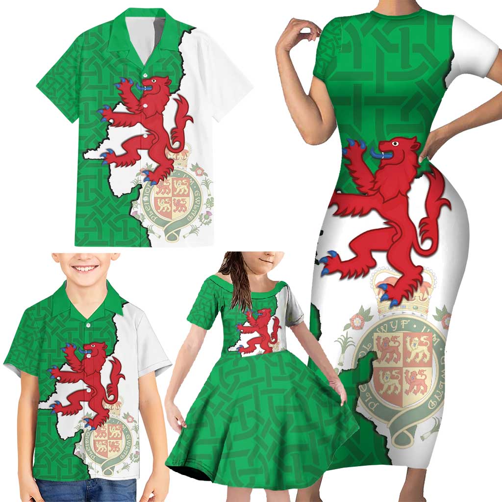 Montgomeryshire Wales Family Matching Short Sleeve Bodycon Dress and Hawaiian Shirt Map and Emblem Celtic Style - Wonder Print Shop