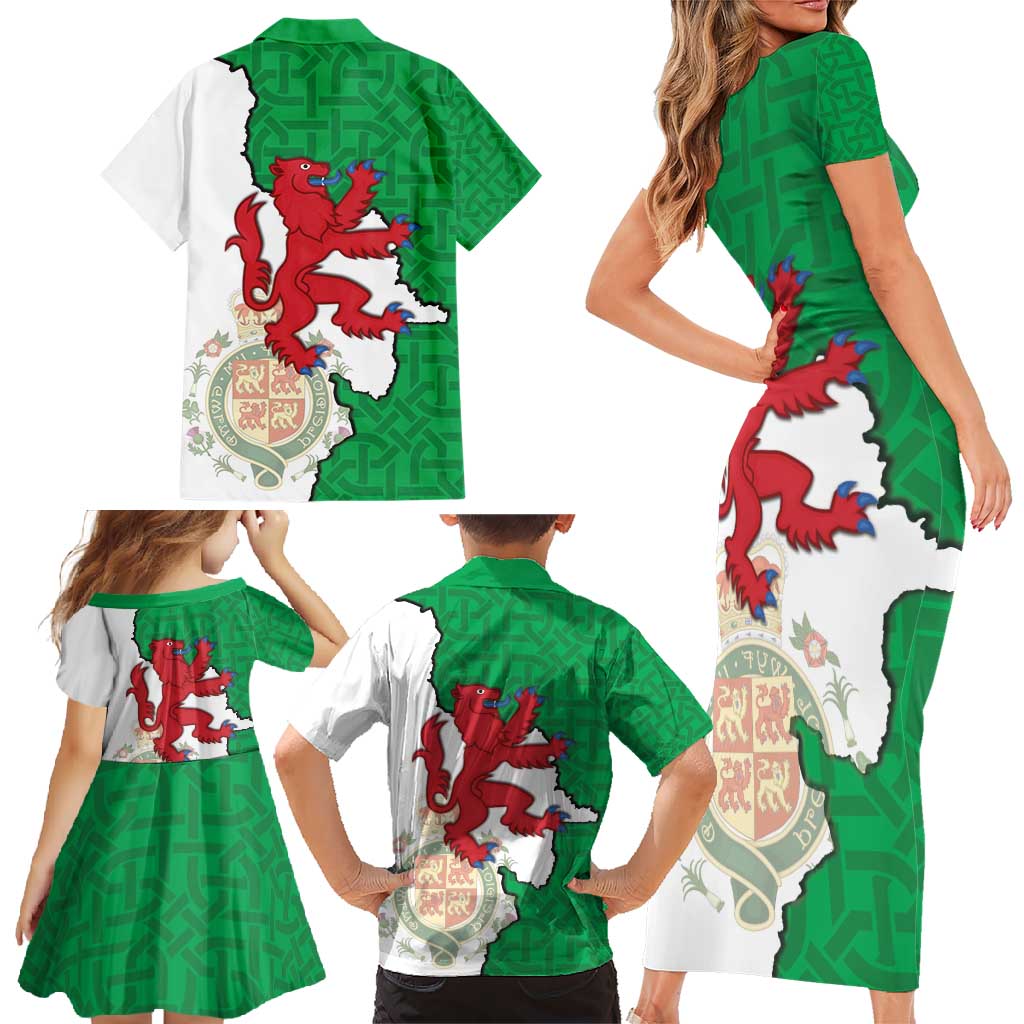 Montgomeryshire Wales Family Matching Short Sleeve Bodycon Dress and Hawaiian Shirt Map and Emblem Celtic Style - Wonder Print Shop