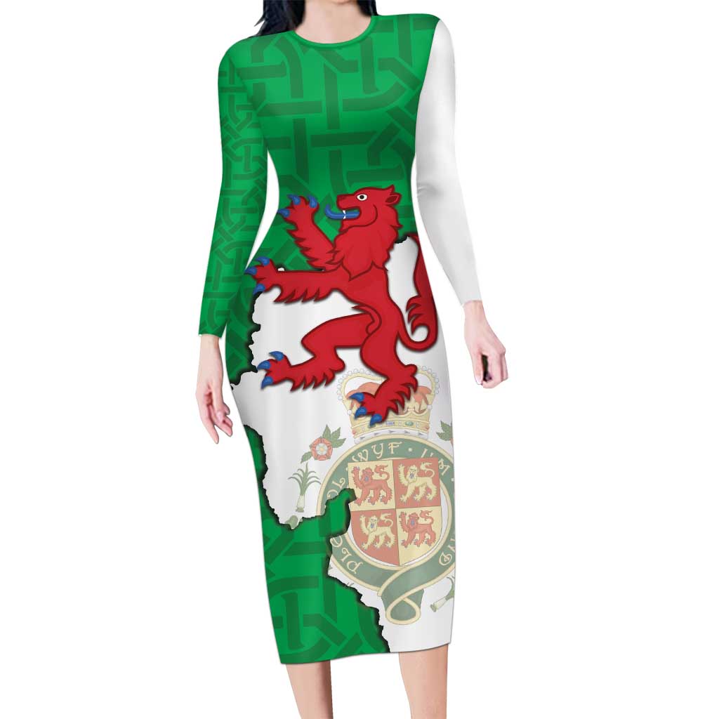 Montgomeryshire Wales Long Sleeve Bodycon Dress Map and Emblem Celtic Style - Wonder Print Shop