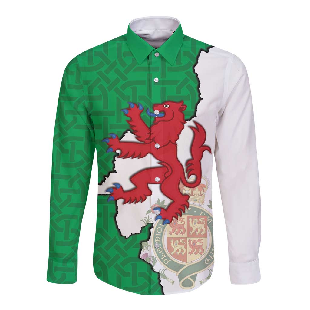 Montgomeryshire Wales Long Sleeve Button Shirt Map and Emblem Celtic Style - Wonder Print Shop
