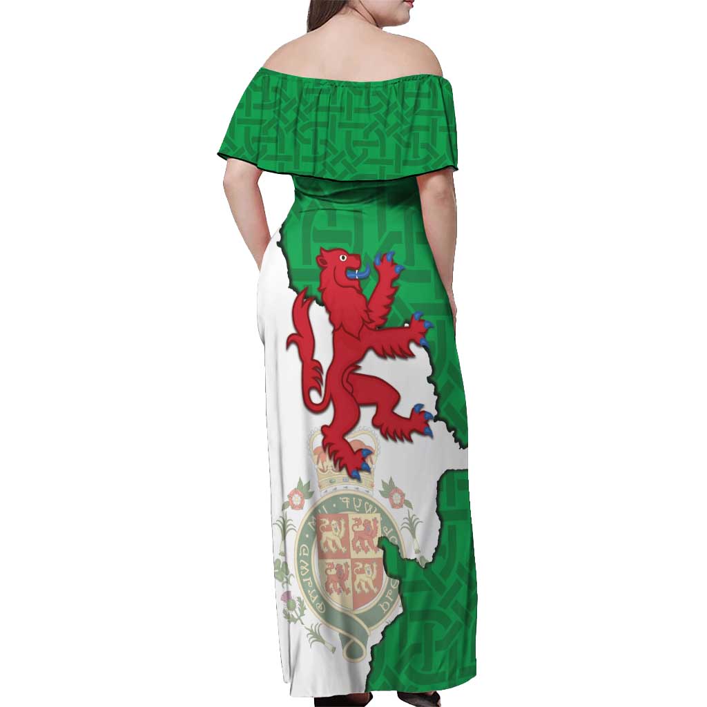 Montgomeryshire Wales Off Shoulder Maxi Dress Map and Emblem Celtic Style - Wonder Print Shop