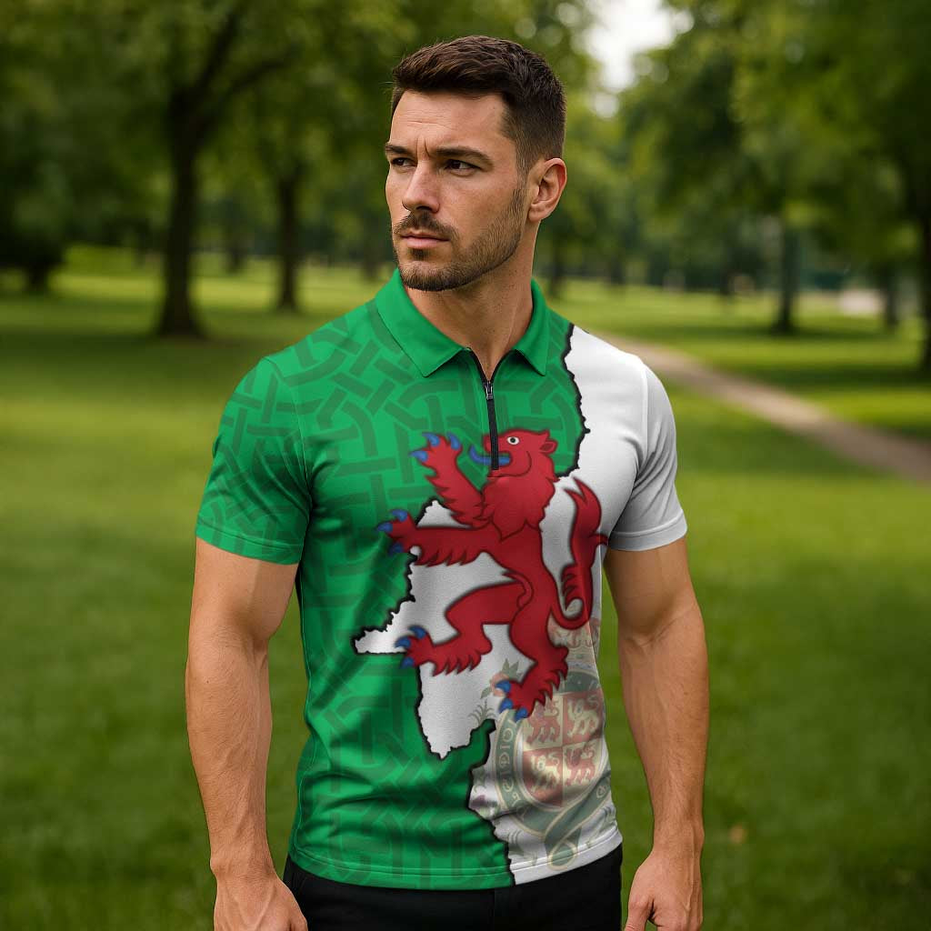 Montgomeryshire Wales Zipper Polo Shirt Map and Emblem Celtic Style - Wonder Print Shop