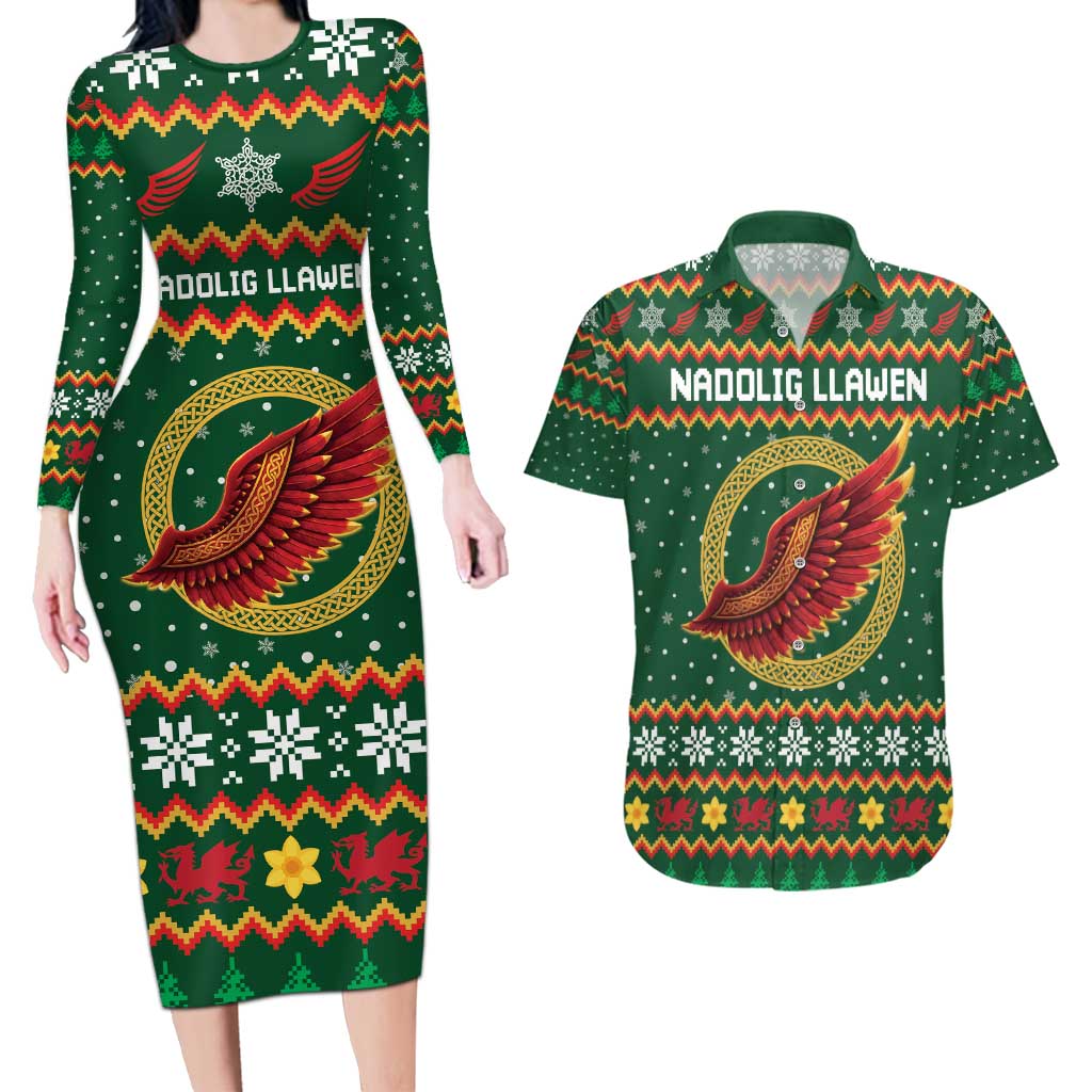 Personalized Montgomeryshire Wales Christmas Couples Matching Long Sleeve Bodycon Dress and Hawaiian Shirt Celtic Red Wing Cymru Heritage - Wonder Print Shop