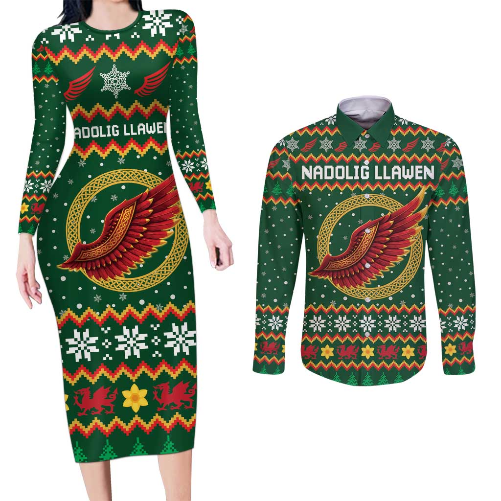 Personalized Montgomeryshire Wales Christmas Couples Matching Long Sleeve Bodycon Dress and Long Sleeve Button Shirt Celtic Red Wing Cymru Heritage - Wonder Print Shop