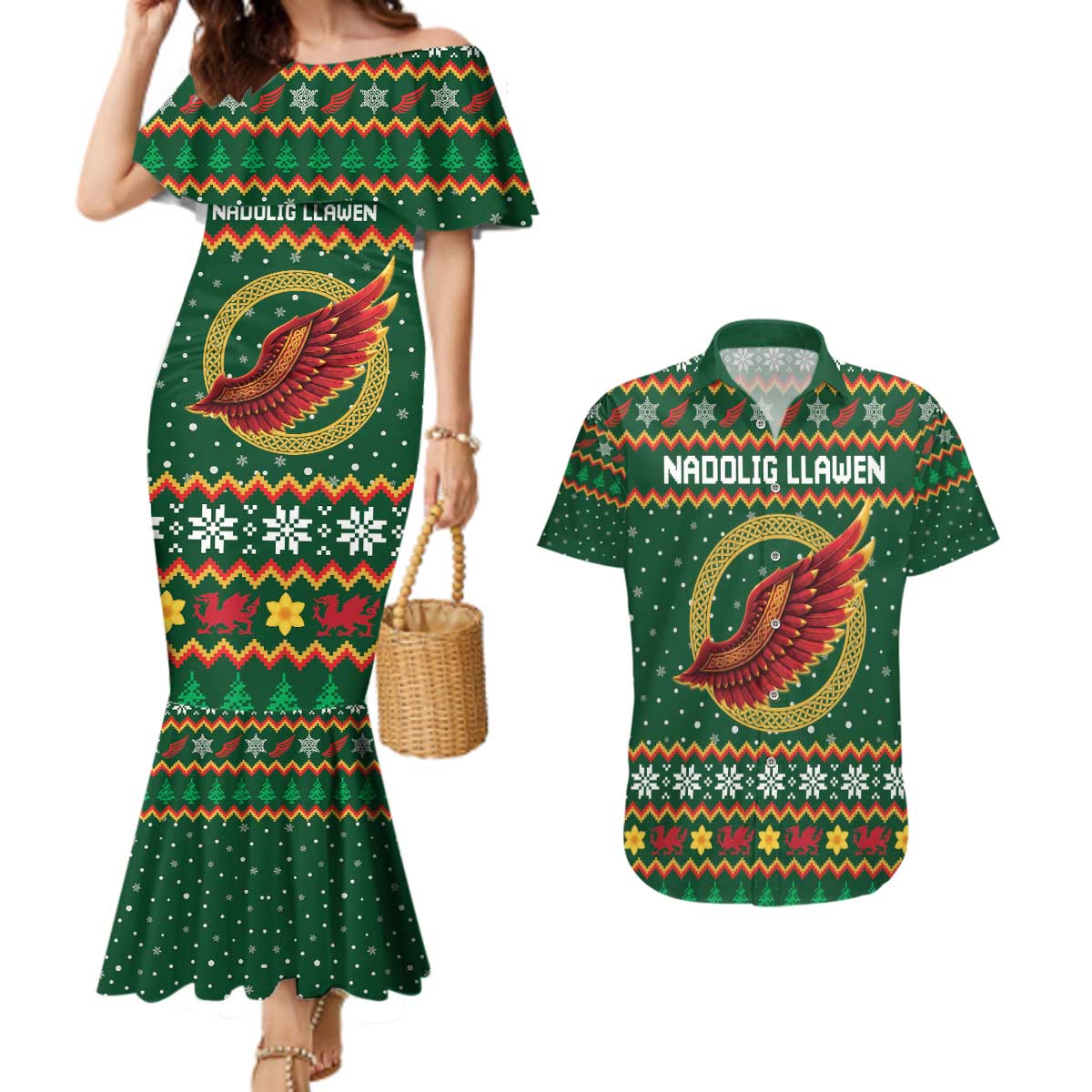 Personalized Montgomeryshire Wales Christmas Couples Matching Mermaid Dress and Hawaiian Shirt Celtic Red Wing Cymru Heritage - Wonder Print Shop